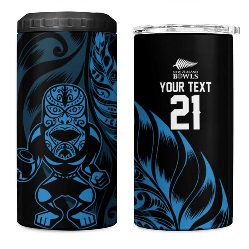 New Zealand Lawn Bowls Custom 4 in 1 Can Cooler Tumbler Blue Maori Warrior Tribal Silver Fern - Aussie Hoodie