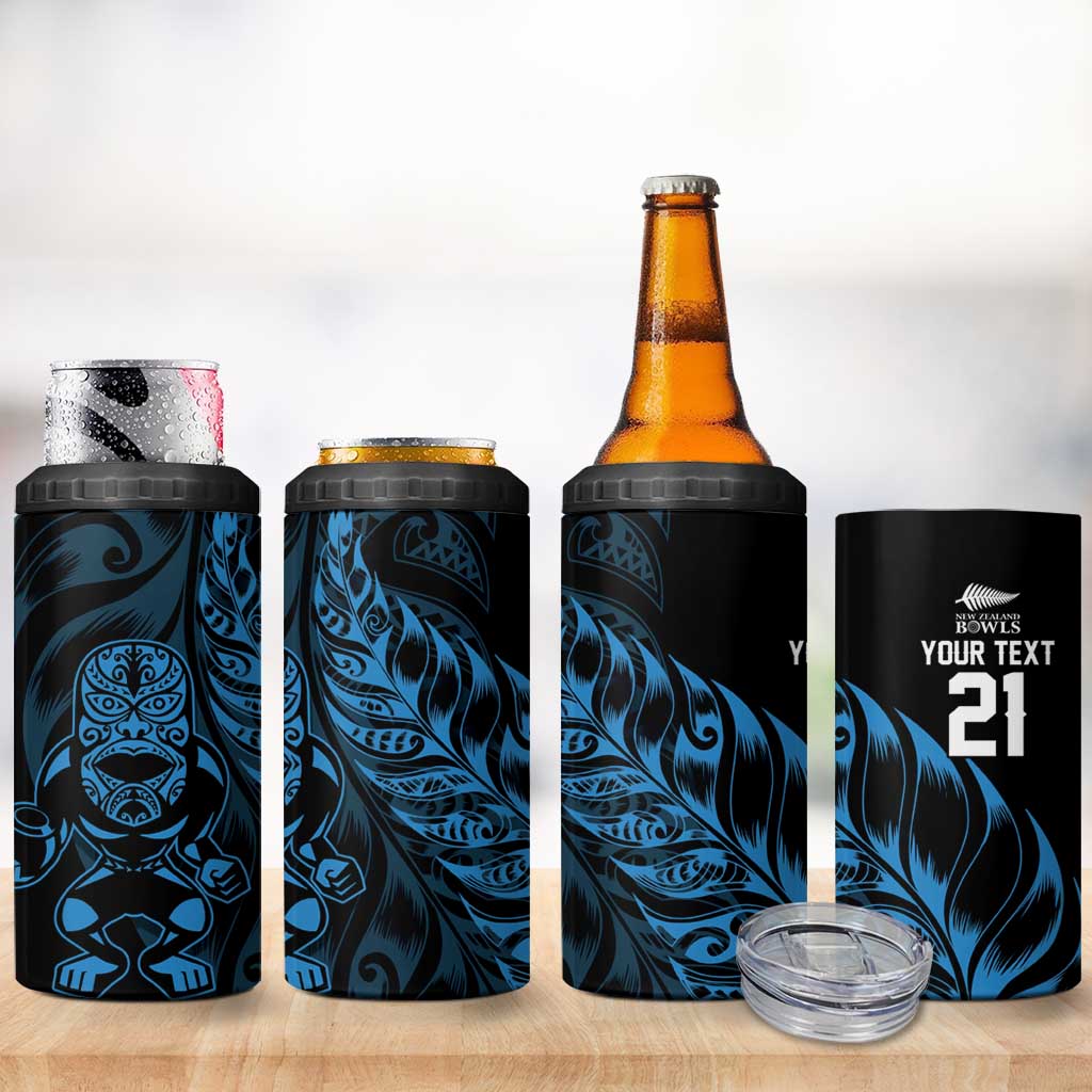 New Zealand Lawn Bowls Custom 4 in 1 Can Cooler Tumbler Blue Maori Warrior Tribal Silver Fern - Aussie Hoodie