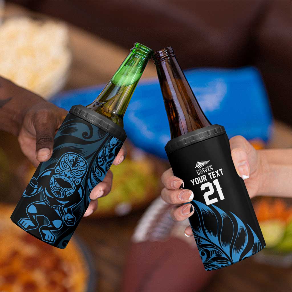 New Zealand Lawn Bowls Custom 4 in 1 Can Cooler Tumbler Blue Maori Warrior Tribal Silver Fern - Aussie Hoodie