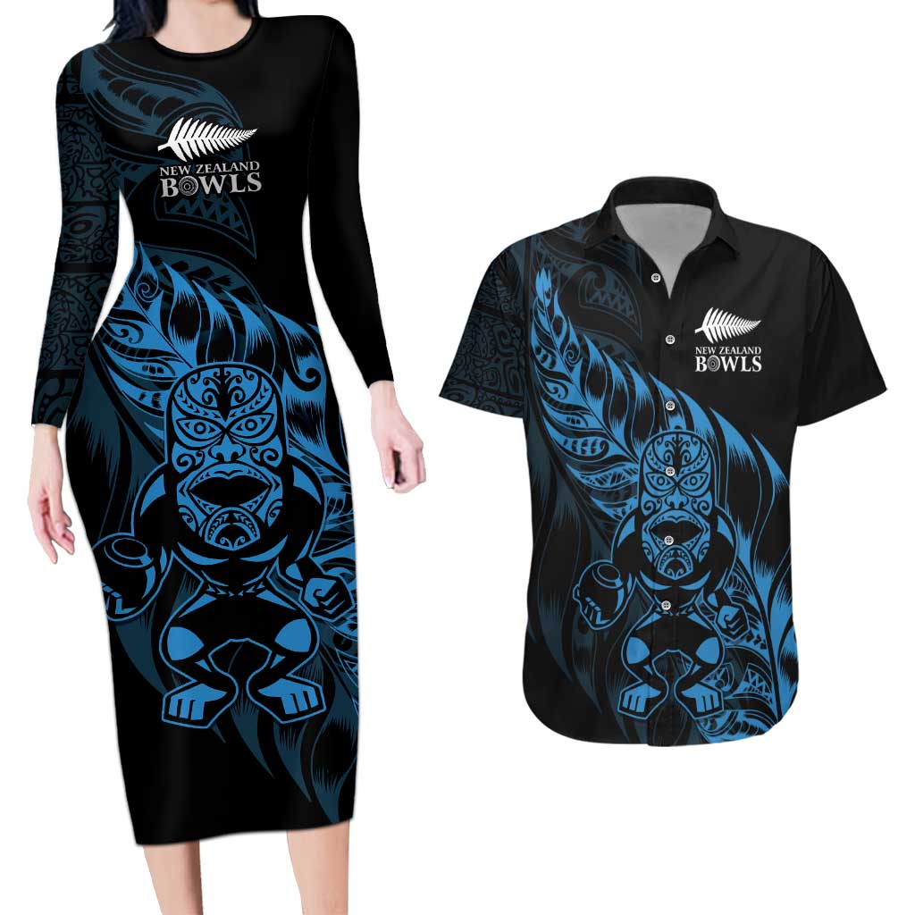 New Zealand Lawn Bowls Custom Couples Matching Long Sleeve Bodycon Dress and Hawaiian Shirt Blue Maori Warrior Tribal Silver Fern - Aussie Hoodie