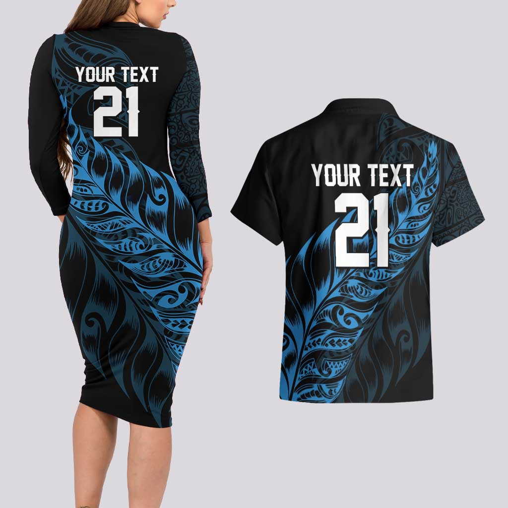 New Zealand Lawn Bowls Custom Couples Matching Long Sleeve Bodycon Dress and Hawaiian Shirt Blue Maori Warrior Tribal Silver Fern - Aussie Hoodie