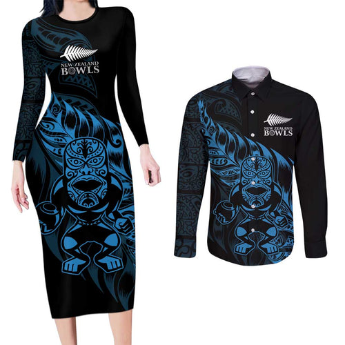 New Zealand Lawn Bowls Custom Couples Matching Long Sleeve Bodycon Dress and Long Sleeve Button Shirt Blue Maori Warrior Tribal Silver Fern - Aussie Hoodie