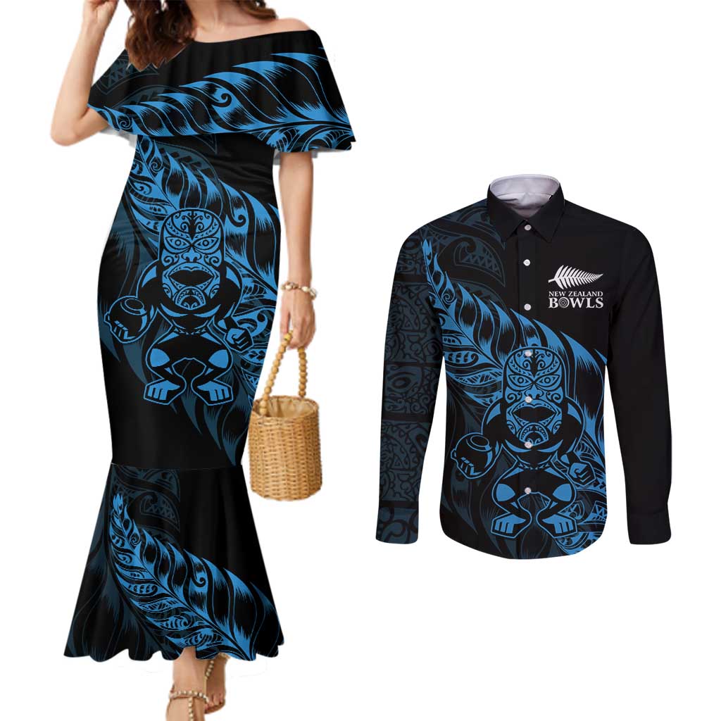 New Zealand Lawn Bowls Custom Couples Matching Mermaid Dress and Long Sleeve Button Shirt Blue Maori Warrior Tribal Silver Fern - Aussie Hoodie