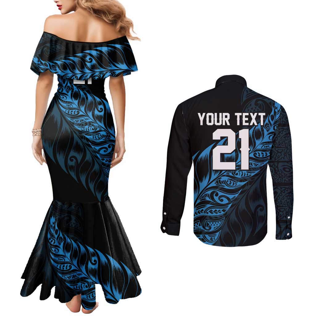 New Zealand Lawn Bowls Custom Couples Matching Mermaid Dress and Long Sleeve Button Shirt Blue Maori Warrior Tribal Silver Fern - Aussie Hoodie