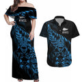 New Zealand Lawn Bowls Custom Couples Matching Off Shoulder Maxi Dress and Hawaiian Shirt Blue Maori Warrior Tribal Silver Fern - Aussie Hoodie