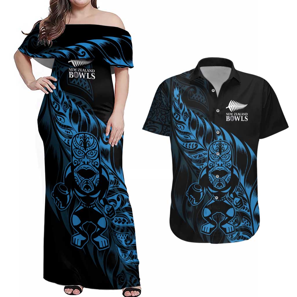 New Zealand Lawn Bowls Custom Couples Matching Off Shoulder Maxi Dress and Hawaiian Shirt Blue Maori Warrior Tribal Silver Fern - Aussie Hoodie