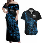 New Zealand Lawn Bowls Custom Couples Matching Off Shoulder Maxi Dress and Hawaiian Shirt Blue Maori Warrior Tribal Silver Fern - Aussie Hoodie