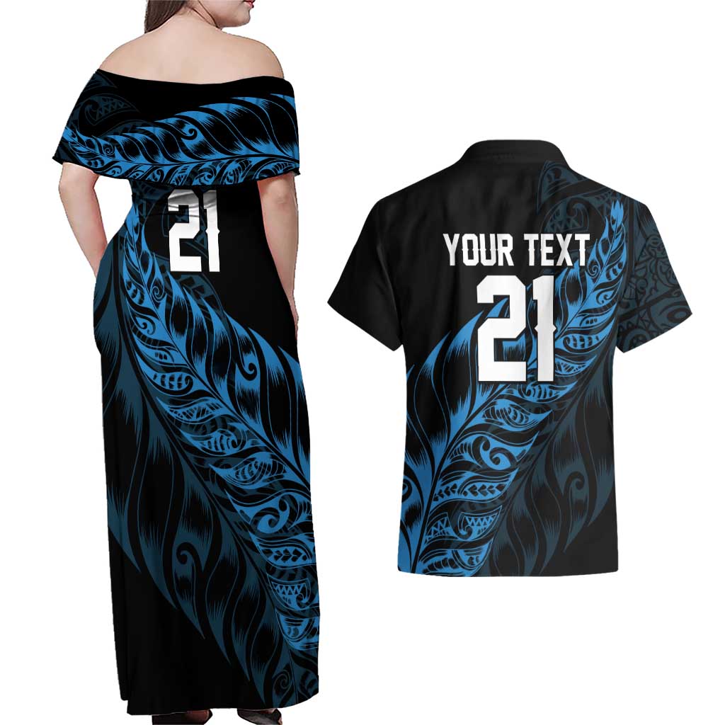 New Zealand Lawn Bowls Custom Couples Matching Off Shoulder Maxi Dress and Hawaiian Shirt Blue Maori Warrior Tribal Silver Fern - Aussie Hoodie