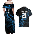 New Zealand Lawn Bowls Custom Couples Matching Off Shoulder Maxi Dress and Hawaiian Shirt Blue Maori Warrior Tribal Silver Fern - Aussie Hoodie