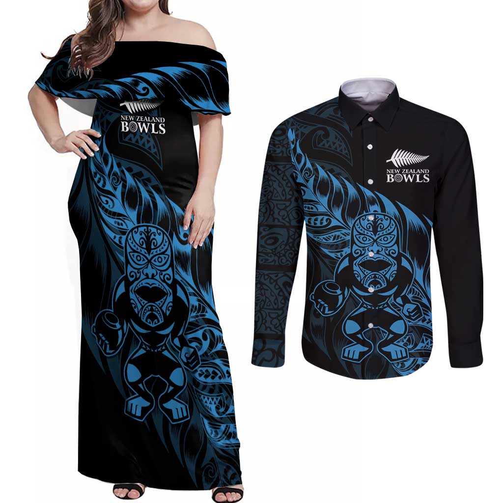 New Zealand Lawn Bowls Custom Couples Matching Off Shoulder Maxi Dress and Long Sleeve Button Shirt Blue Maori Warrior Tribal Silver Fern - Aussie Hoodie
