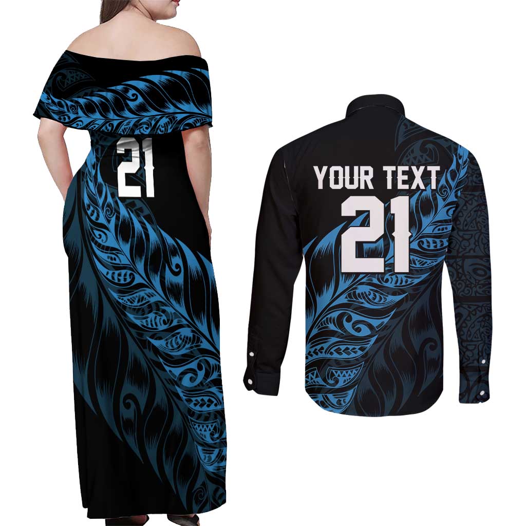 New Zealand Lawn Bowls Custom Couples Matching Off Shoulder Maxi Dress and Long Sleeve Button Shirt Blue Maori Warrior Tribal Silver Fern - Aussie Hoodie