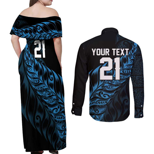 New Zealand Lawn Bowls Custom Couples Matching Off Shoulder Maxi Dress and Long Sleeve Button Shirt Blue Maori Warrior Tribal Silver Fern - Aussie Hoodie