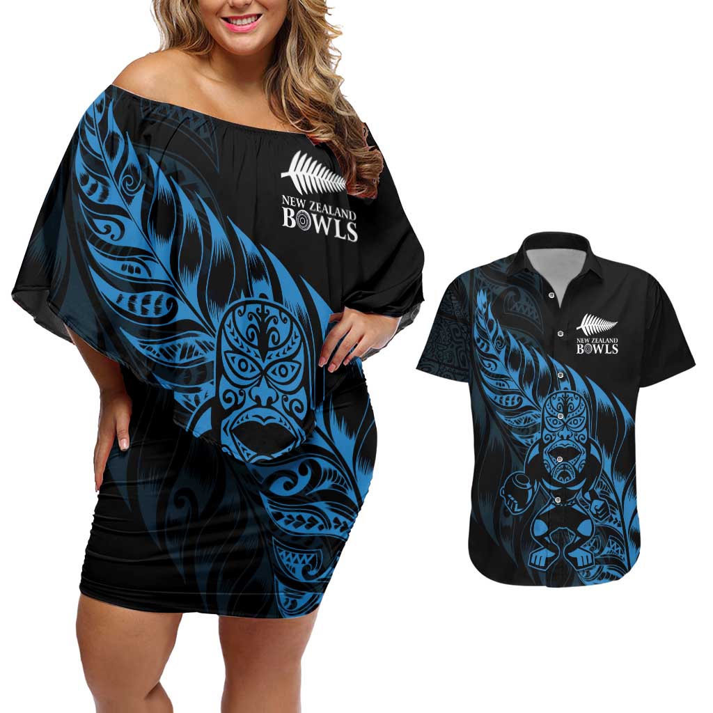 New Zealand Lawn Bowls Custom Couples Matching Off Shoulder Short Dress and Hawaiian Shirt Blue Maori Warrior Tribal Silver Fern - Aussie Hoodie