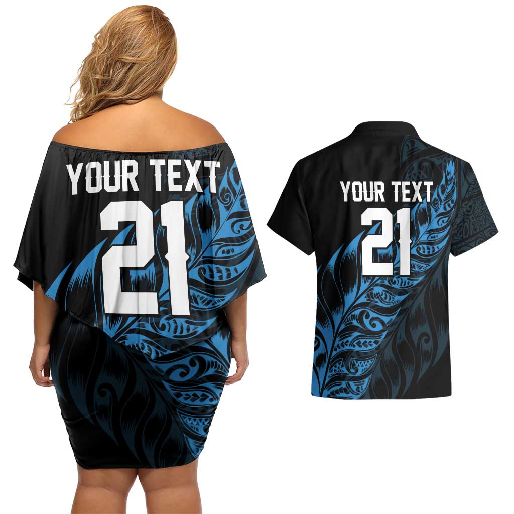 New Zealand Lawn Bowls Custom Couples Matching Off Shoulder Short Dress and Hawaiian Shirt Blue Maori Warrior Tribal Silver Fern - Aussie Hoodie
