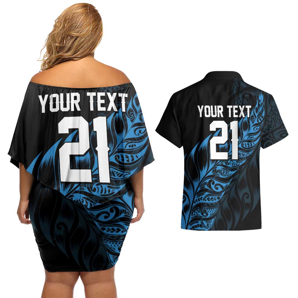 New Zealand Lawn Bowls Custom Couples Matching Off Shoulder Short Dress and Hawaiian Shirt Blue Maori Warrior Tribal Silver Fern - Aussie Hoodie