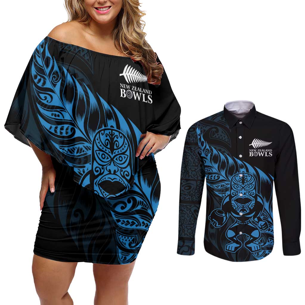 New Zealand Lawn Bowls Custom Couples Matching Off Shoulder Short Dress and Long Sleeve Button Shirt Blue Maori Warrior Tribal Silver Fern - Aussie Hoodie