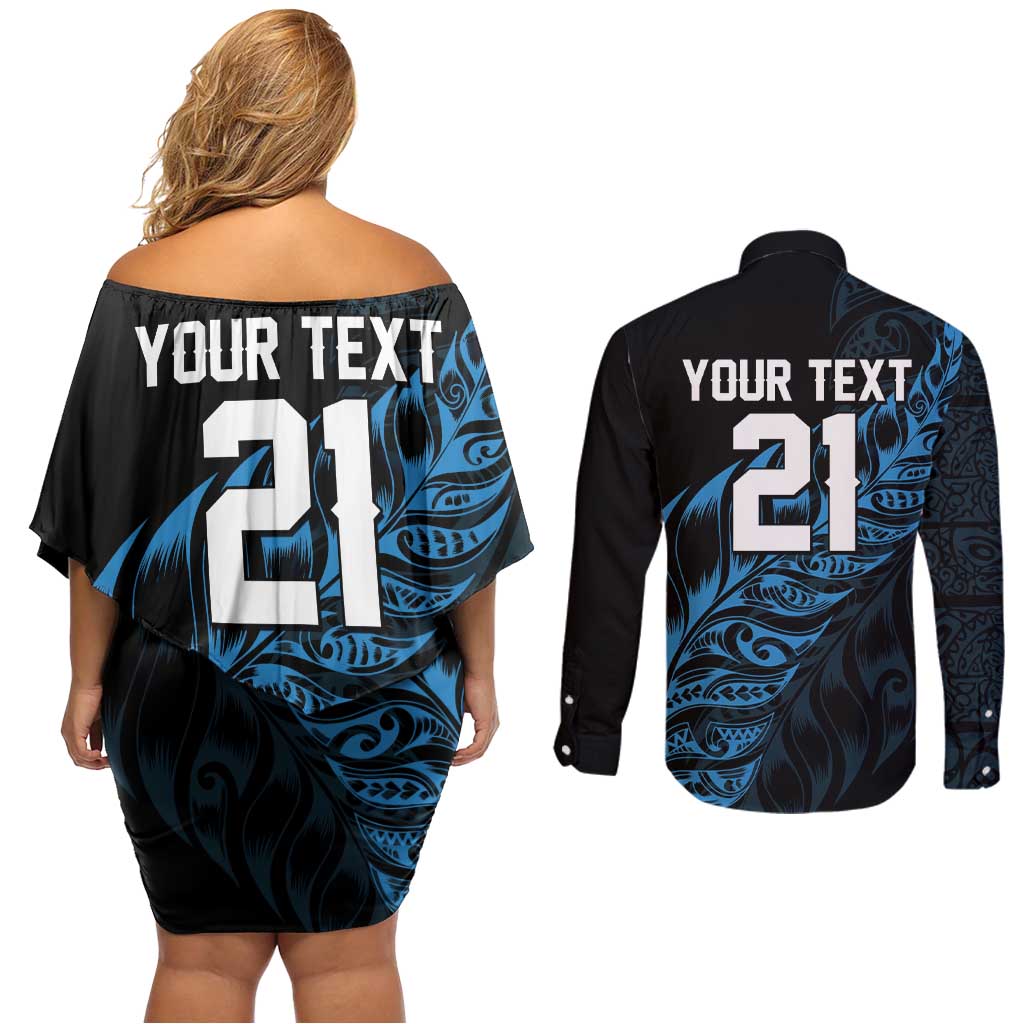 New Zealand Lawn Bowls Custom Couples Matching Off Shoulder Short Dress and Long Sleeve Button Shirt Blue Maori Warrior Tribal Silver Fern - Aussie Hoodie