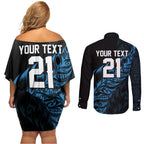 New Zealand Lawn Bowls Custom Couples Matching Off Shoulder Short Dress and Long Sleeve Button Shirt Blue Maori Warrior Tribal Silver Fern - Aussie Hoodie