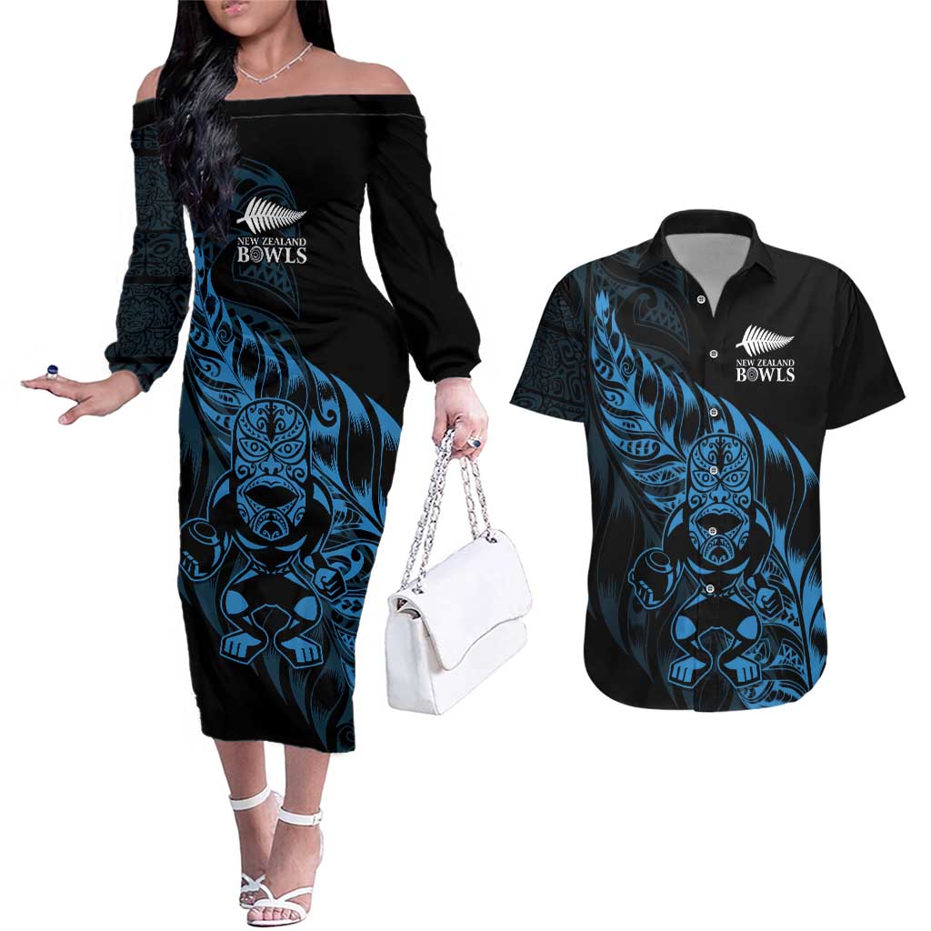 New Zealand Lawn Bowls Custom Couples Matching Off The Shoulder Long Sleeve Dress and Hawaiian Shirt Blue Maori Warrior Tribal Silver Fern - Aussie Hoodie