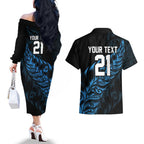 New Zealand Lawn Bowls Custom Couples Matching Off The Shoulder Long Sleeve Dress and Hawaiian Shirt Blue Maori Warrior Tribal Silver Fern - Aussie Hoodie
