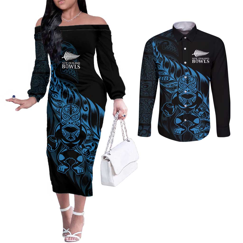 New Zealand Lawn Bowls Custom Couples Matching Off The Shoulder Long Sleeve Dress and Long Sleeve Button Shirt Blue Maori Warrior Tribal Silver Fern - Aussie Hoodie