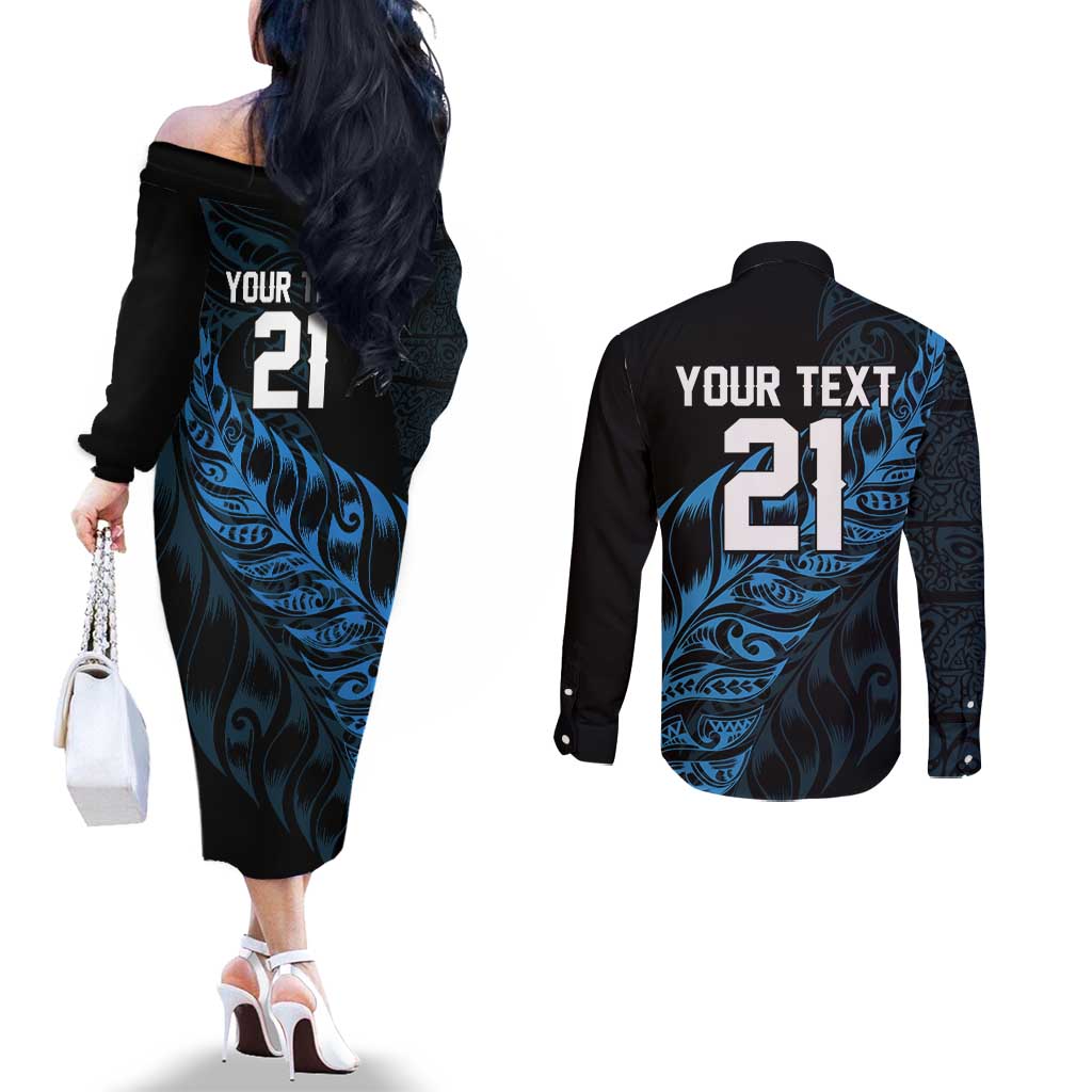 New Zealand Lawn Bowls Custom Couples Matching Off The Shoulder Long Sleeve Dress and Long Sleeve Button Shirt Blue Maori Warrior Tribal Silver Fern - Aussie Hoodie
