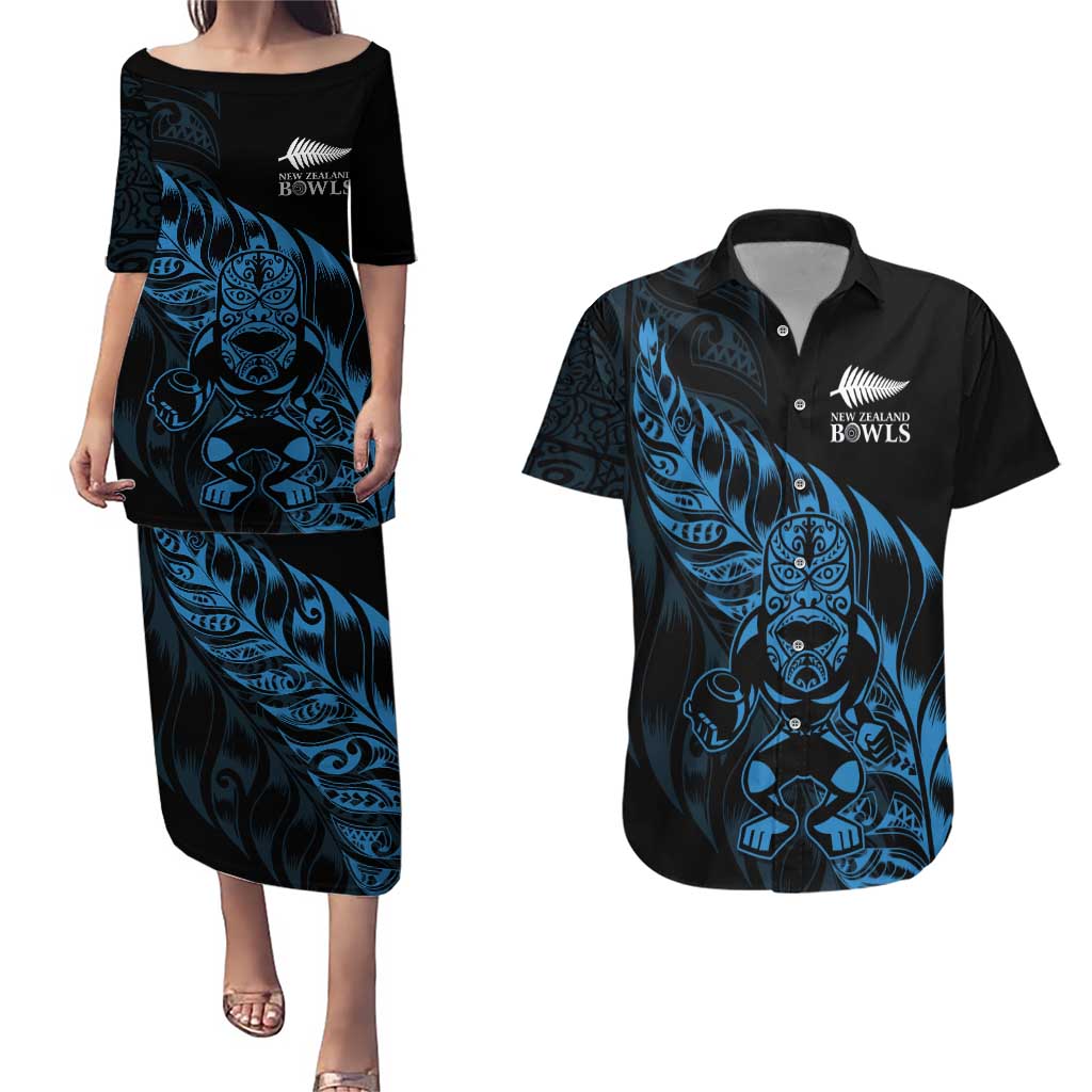 New Zealand Lawn Bowls Custom Couples Matching Puletasi and Hawaiian Shirt Blue Maori Warrior Tribal Silver Fern - Aussie Hoodie