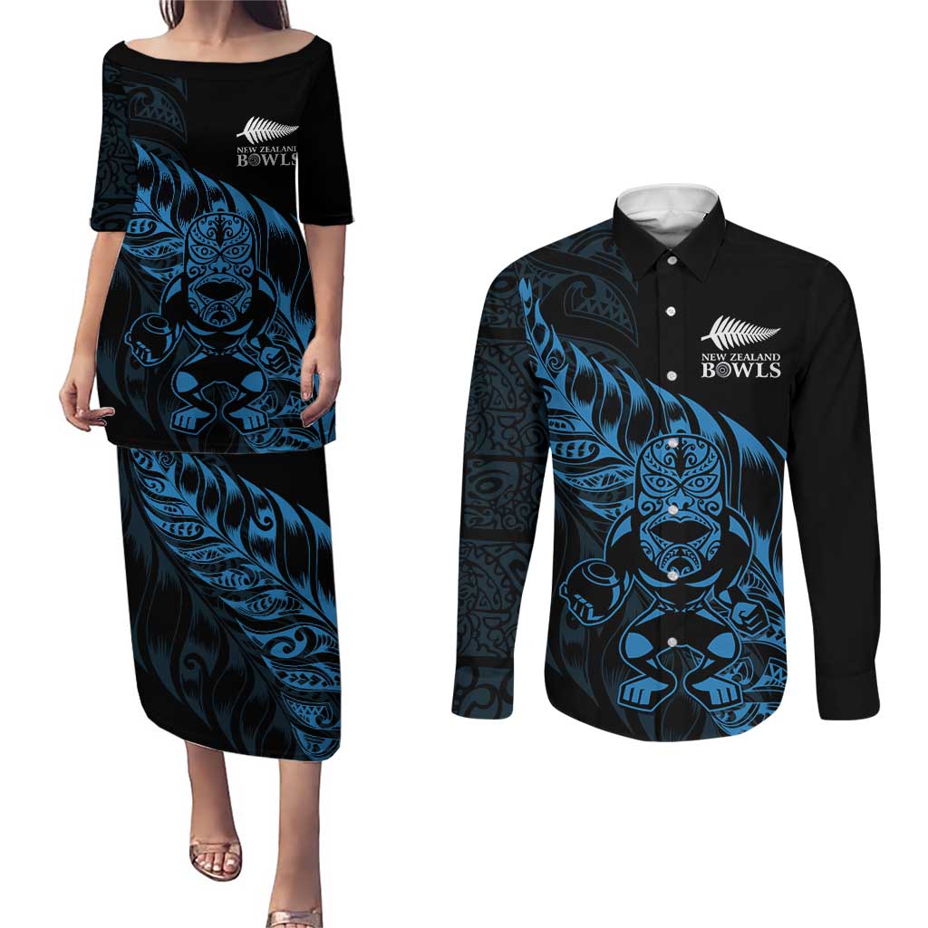 New Zealand Lawn Bowls Custom Couples Matching Puletasi and Long Sleeve Button Shirt Blue Maori Warrior Tribal Silver Fern - Aussie Hoodie