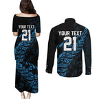 New Zealand Lawn Bowls Custom Couples Matching Puletasi and Long Sleeve Button Shirt Blue Maori Warrior Tribal Silver Fern - Aussie Hoodie