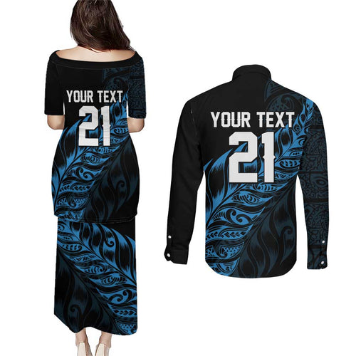 New Zealand Lawn Bowls Custom Couples Matching Puletasi and Long Sleeve Button Shirt Blue Maori Warrior Tribal Silver Fern - Aussie Hoodie