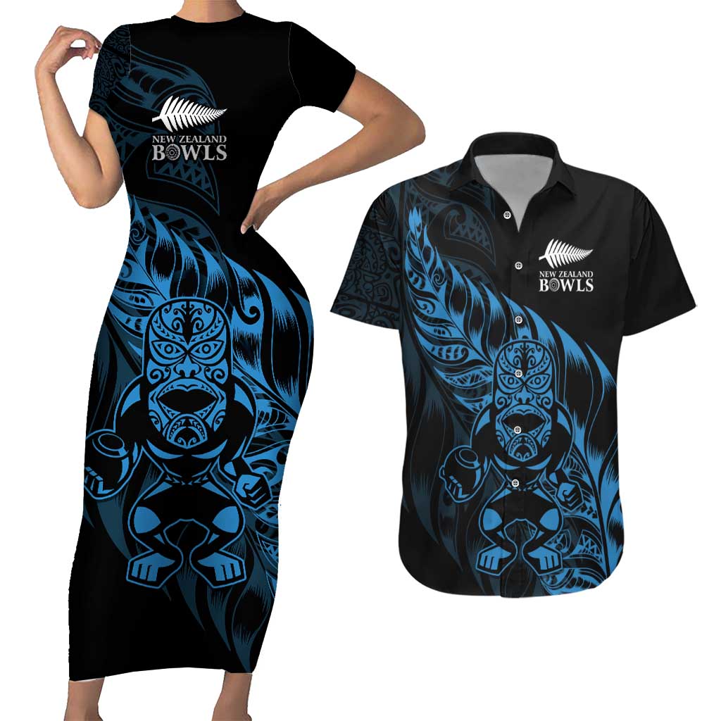 New Zealand Lawn Bowls Custom Couples Matching Short Sleeve Bodycon Dress and Hawaiian Shirt Blue Maori Warrior Tribal Silver Fern - Aussie Hoodie