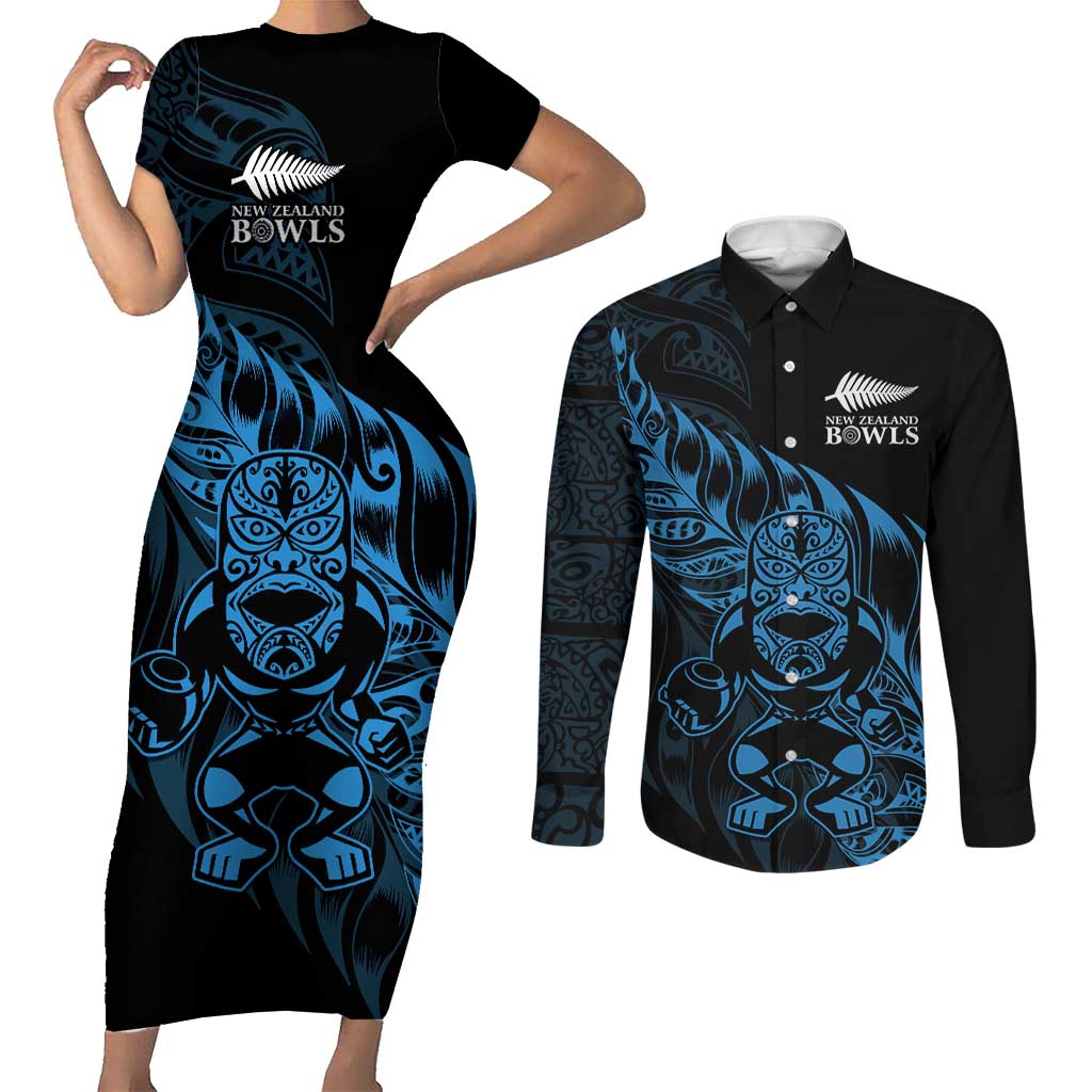 New Zealand Lawn Bowls Custom Couples Matching Short Sleeve Bodycon Dress and Long Sleeve Button Shirt Blue Maori Warrior Tribal Silver Fern - Aussie Hoodie