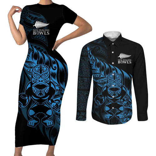 New Zealand Lawn Bowls Custom Couples Matching Short Sleeve Bodycon Dress and Long Sleeve Button Shirt Blue Maori Warrior Tribal Silver Fern - Aussie Hoodie