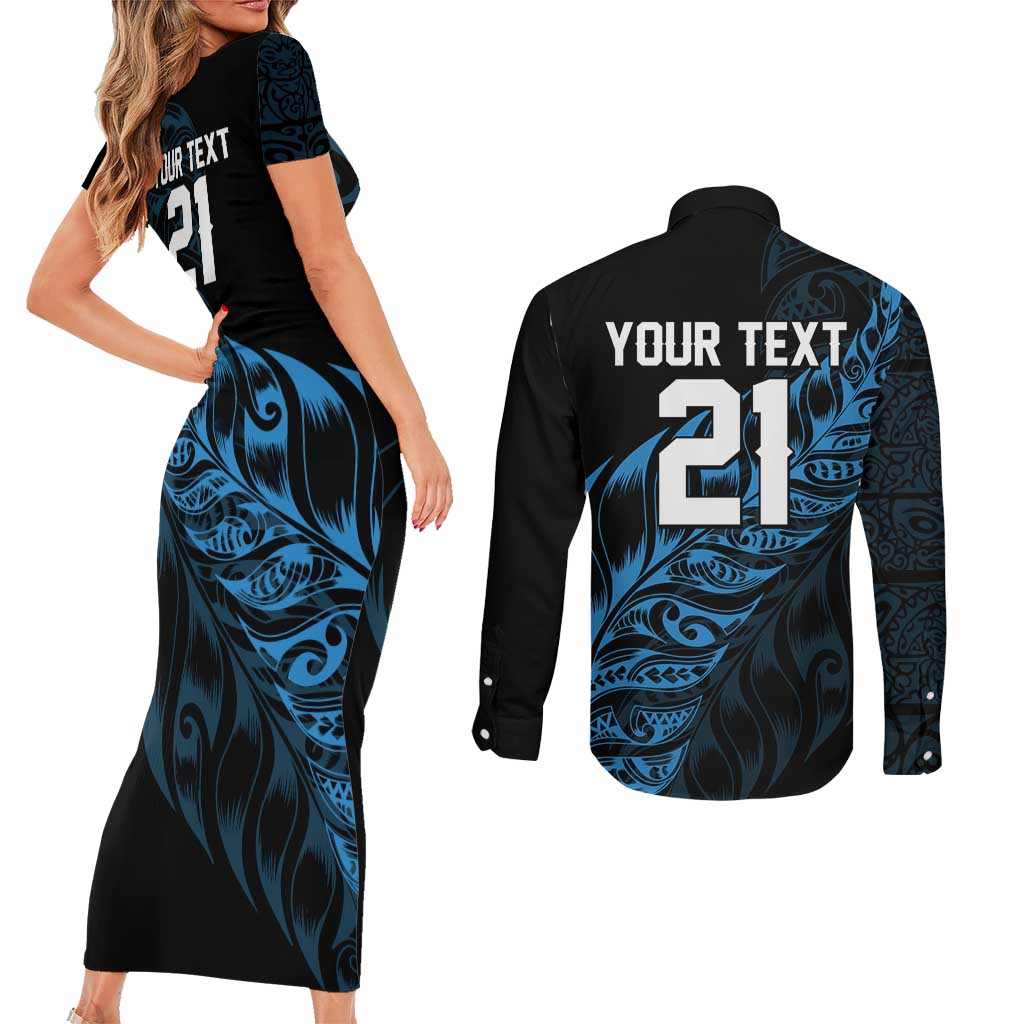 New Zealand Lawn Bowls Custom Couples Matching Short Sleeve Bodycon Dress and Long Sleeve Button Shirt Blue Maori Warrior Tribal Silver Fern - Aussie Hoodie