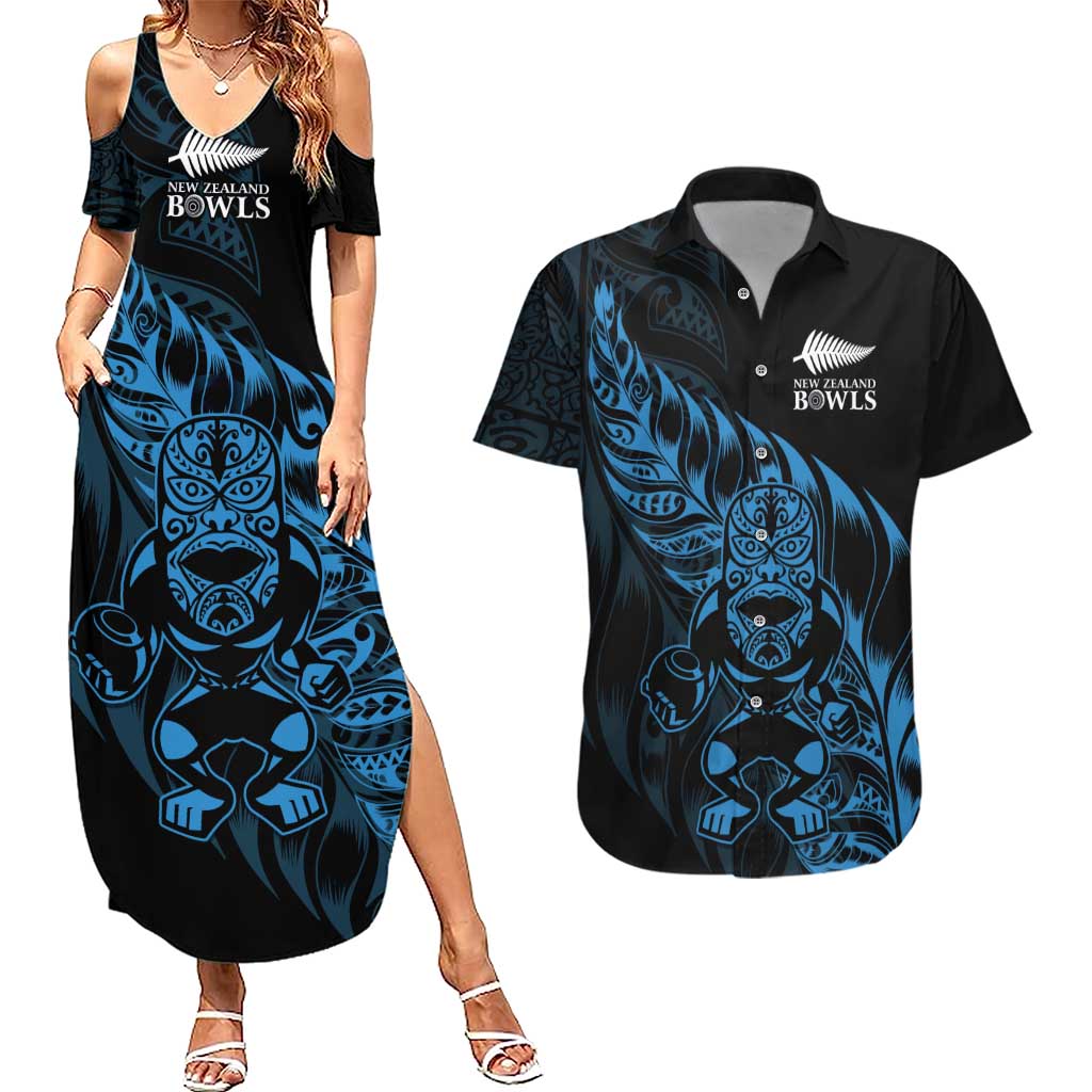 New Zealand Lawn Bowls Custom Couples Matching Summer Maxi Dress and Hawaiian Shirt Blue Maori Warrior Tribal Silver Fern - Aussie Hoodie