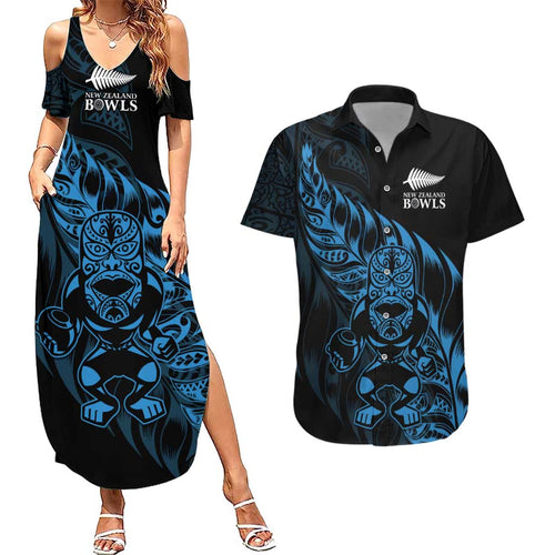 New Zealand Lawn Bowls Custom Couples Matching Summer Maxi Dress and Hawaiian Shirt Blue Maori Warrior Tribal Silver Fern - Aussie Hoodie
