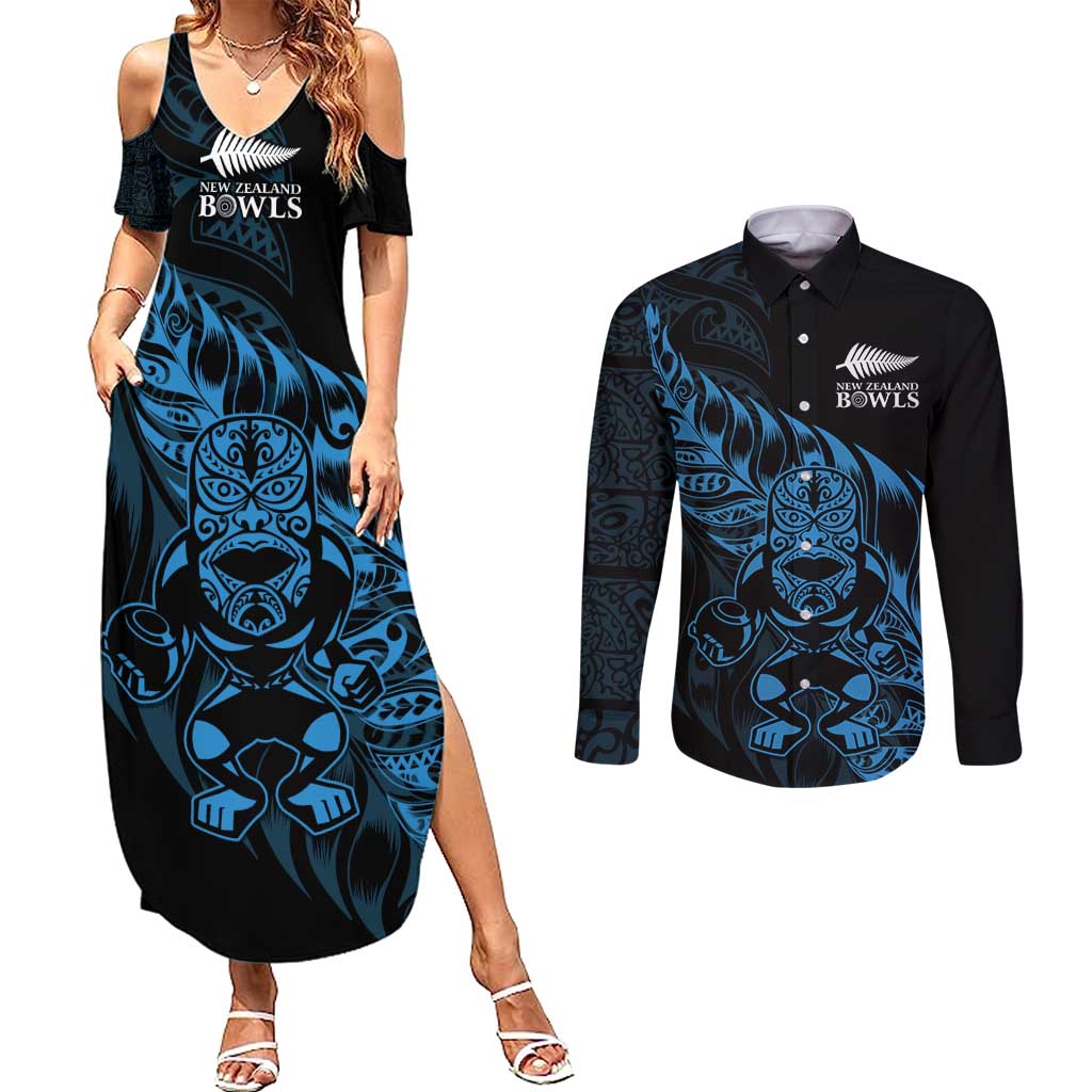 New Zealand Lawn Bowls Custom Couples Matching Summer Maxi Dress and Long Sleeve Button Shirt Blue Maori Warrior Tribal Silver Fern - Aussie Hoodie