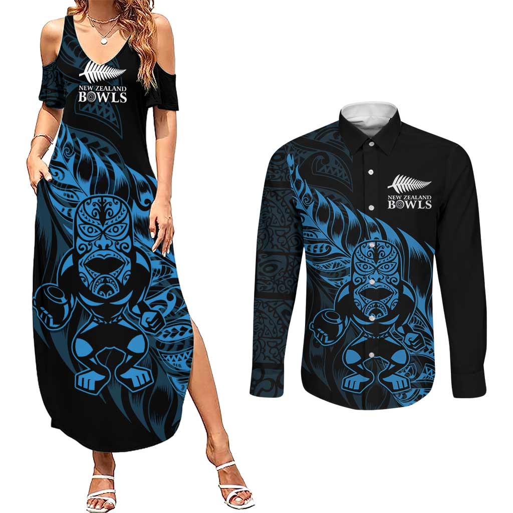 New Zealand Lawn Bowls Custom Couples Matching Summer Maxi Dress and Long Sleeve Button Shirt Blue Maori Warrior Tribal Silver Fern - Aussie Hoodie