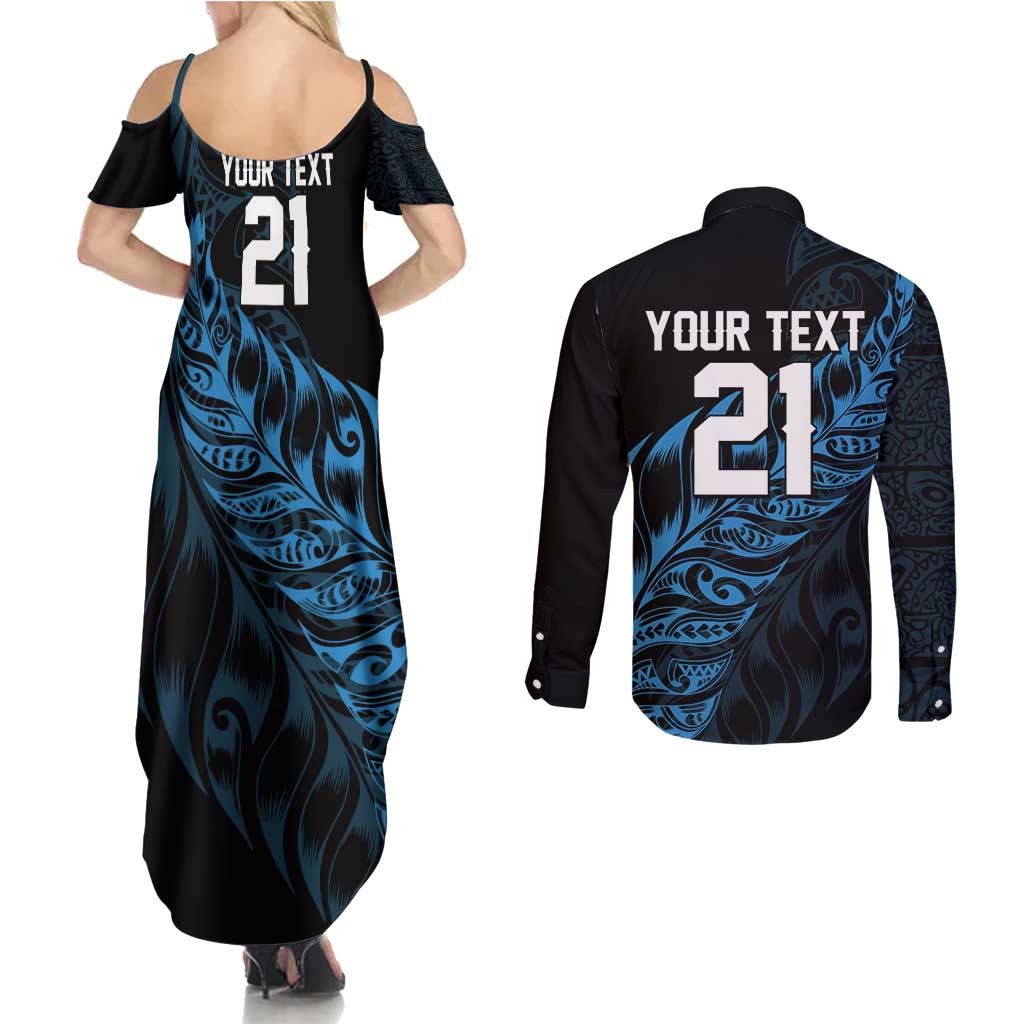 New Zealand Lawn Bowls Custom Couples Matching Summer Maxi Dress and Long Sleeve Button Shirt Blue Maori Warrior Tribal Silver Fern - Aussie Hoodie