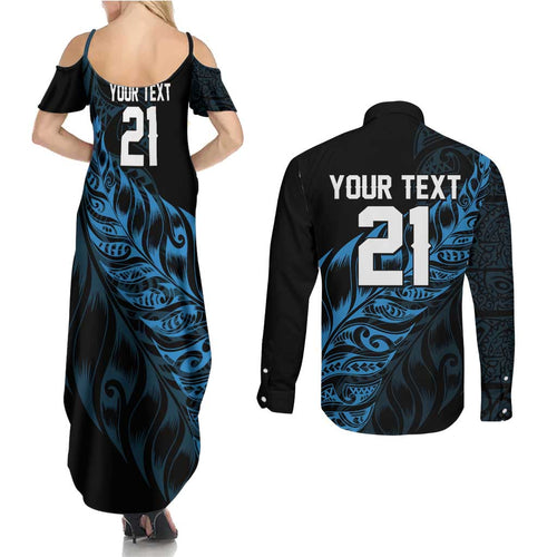 New Zealand Lawn Bowls Custom Couples Matching Summer Maxi Dress and Long Sleeve Button Shirt Blue Maori Warrior Tribal Silver Fern - Aussie Hoodie