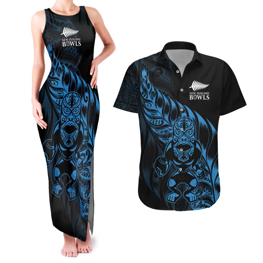 New Zealand Lawn Bowls Custom Couples Matching Tank Maxi Dress and Hawaiian Shirt Blue Maori Warrior Tribal Silver Fern - Aussie Hoodie