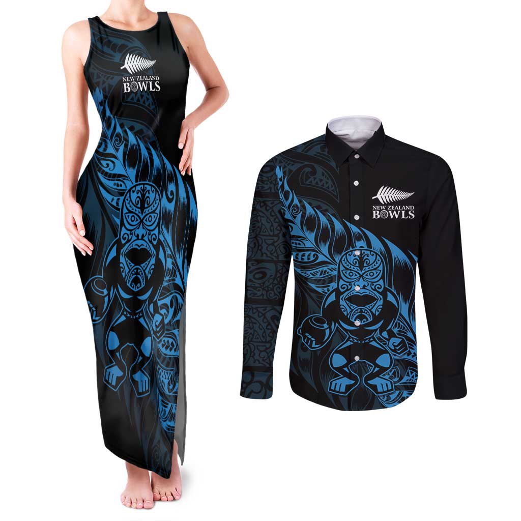 New Zealand Lawn Bowls Custom Couples Matching Tank Maxi Dress and Long Sleeve Button Shirt Blue Maori Warrior Tribal Silver Fern - Aussie Hoodie