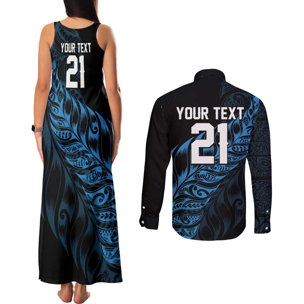 New Zealand Lawn Bowls Custom Couples Matching Tank Maxi Dress and Long Sleeve Button Shirt Blue Maori Warrior Tribal Silver Fern - Aussie Hoodie