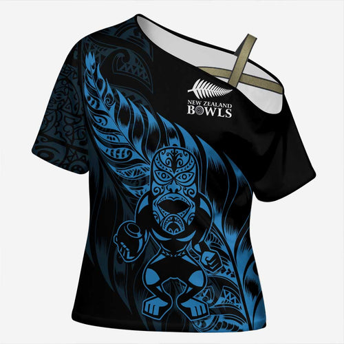 New Zealand Lawn Bowls Custom Cross Shoulder Shirt Blue Maori Warrior Tribal Silver Fern - Aussie Hoodie