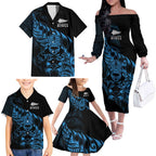 New Zealand Lawn Bowls Custom Family Matching Off The Shoulder Long Sleeve Dress and Hawaiian Shirt Blue Maori Warrior Tribal Silver Fern - Aussie Hoodie