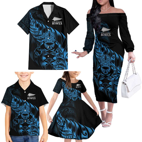 New Zealand Lawn Bowls Custom Family Matching Off The Shoulder Long Sleeve Dress and Hawaiian Shirt Blue Maori Warrior Tribal Silver Fern - Aussie Hoodie