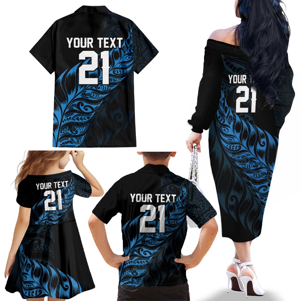 New Zealand Lawn Bowls Custom Family Matching Off The Shoulder Long Sleeve Dress and Hawaiian Shirt Blue Maori Warrior Tribal Silver Fern - Aussie Hoodie