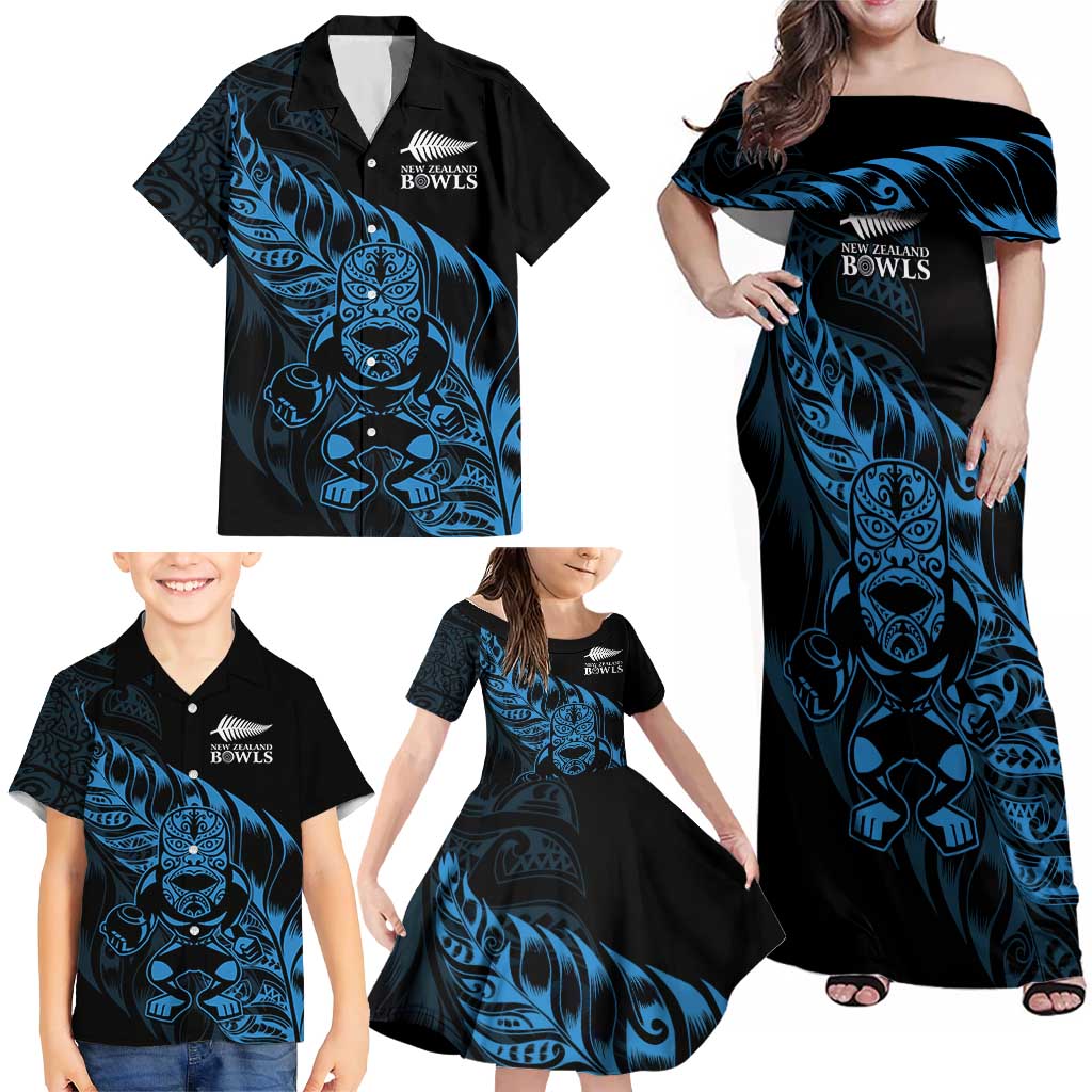 New Zealand Lawn Bowls Custom Family Matching Off Shoulder Maxi Dress and Hawaiian Shirt Blue Maori Warrior Tribal Silver Fern - Aussie Hoodie