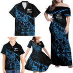 New Zealand Lawn Bowls Custom Family Matching Off Shoulder Maxi Dress and Hawaiian Shirt Blue Maori Warrior Tribal Silver Fern - Aussie Hoodie