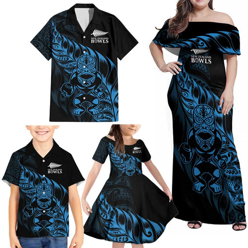 New Zealand Lawn Bowls Custom Family Matching Off Shoulder Maxi Dress and Hawaiian Shirt Blue Maori Warrior Tribal Silver Fern - Aussie Hoodie